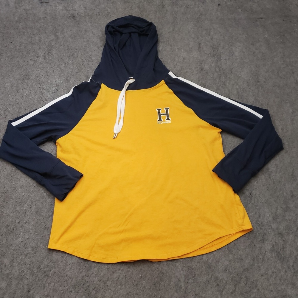 Tommy Hilfiger Sweater Womens Extra Large Yellow Blue Hooded Sweatshirt Ladies